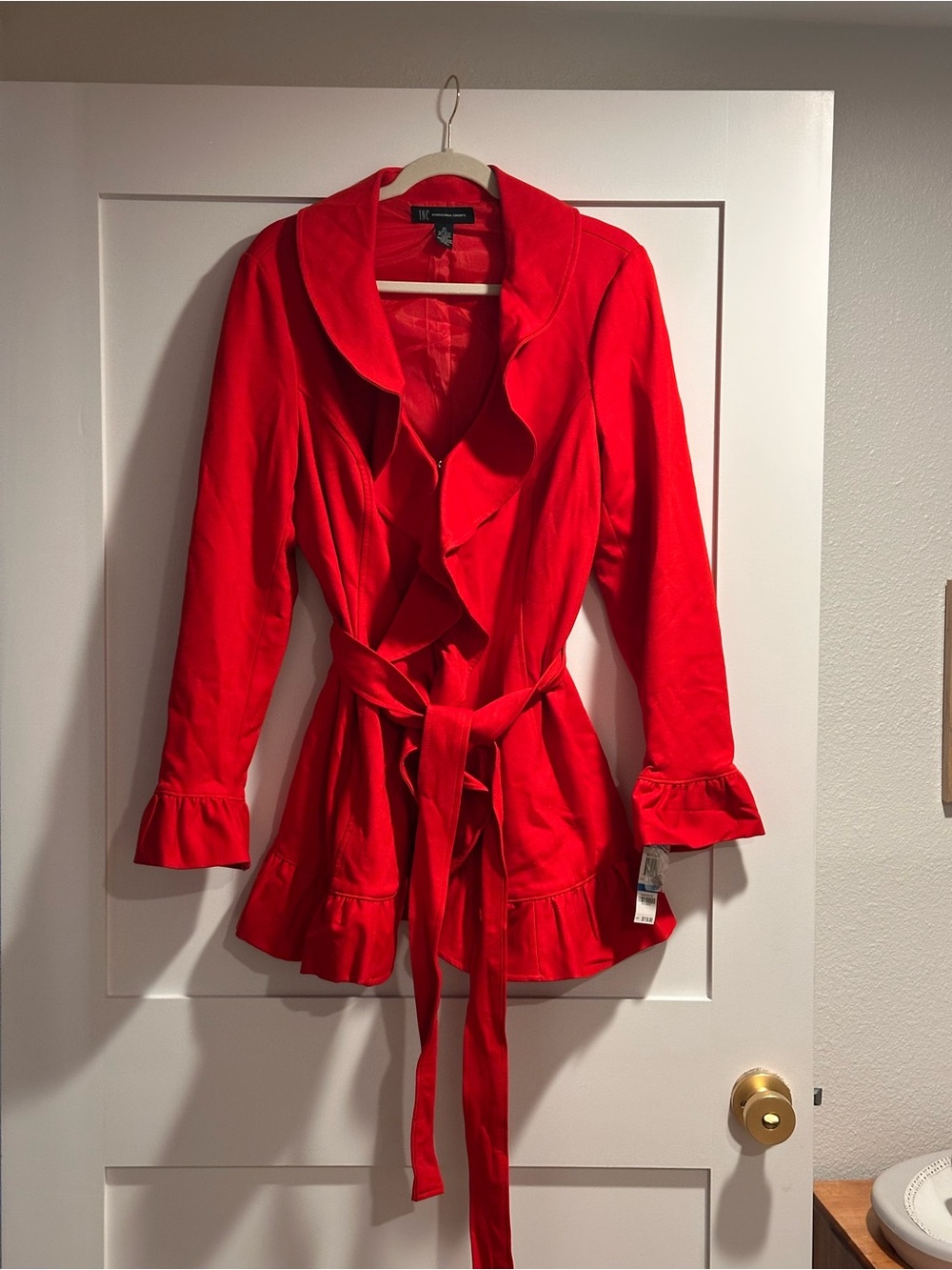 INC International Concepts Red Ruffle Belted Jacket NWT